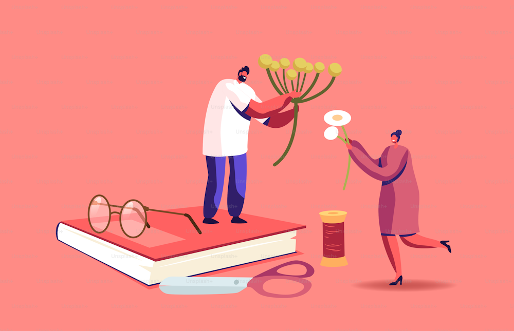 Tiny Male and Female Characters Making Composition of Dried Herbs and Flowers Stand on Huge Books for Collecting Herbarium. People Learning Plants, Flora Elements Hobby. Cartoon Vector Illustration