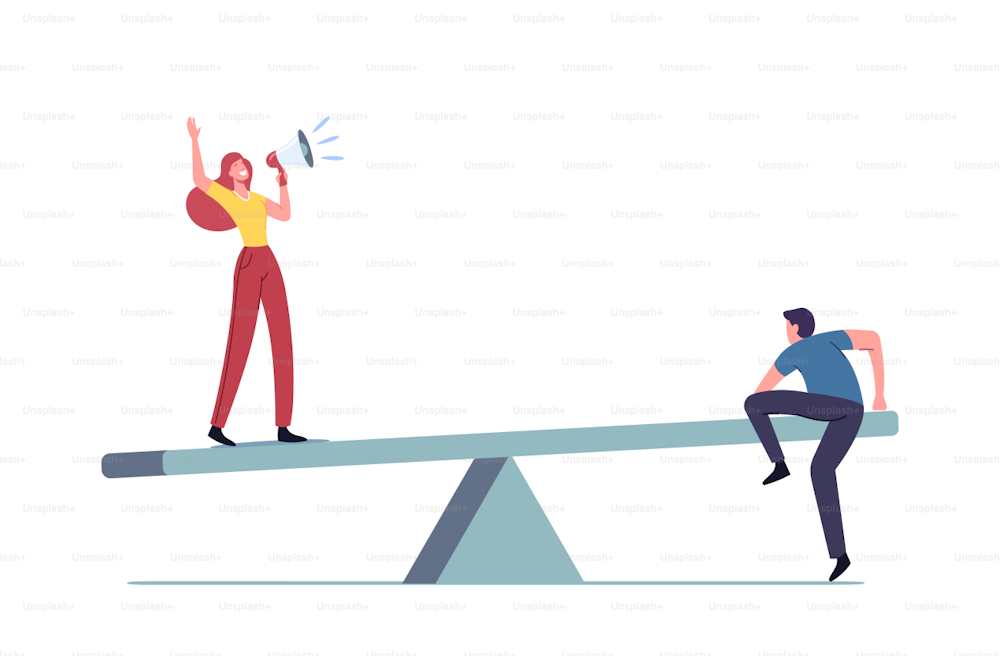 Balance at Work, Values Equality and Comparison Concept. Tiny Characters Balancing on Huge Seesaw. Woman Yelling in Loudspeaker, Man Trying to Climbing on Swing. Cartoon People Vector Illustration