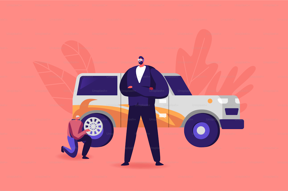 Transport Modernization, Upgrade and Modification Service for Transportation. Garage or Salon Worker Character Make Car Tuning Change Wheels and Painting Auto Body. .Cartoon People Vector Illustration