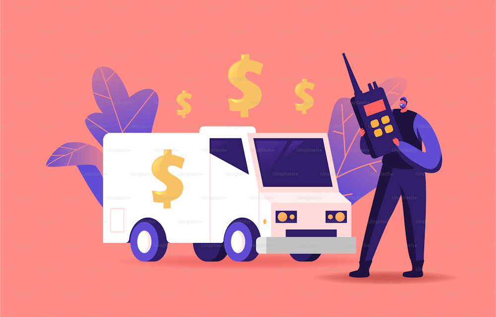 Banking, Armed Cash-in-transit Guard Character Collector Stand at Car Speaking by Walkie Talkie. Bank Convoy Collection from ATM or Currency Exchange Office Concept. Cartoon People Vector Illustration