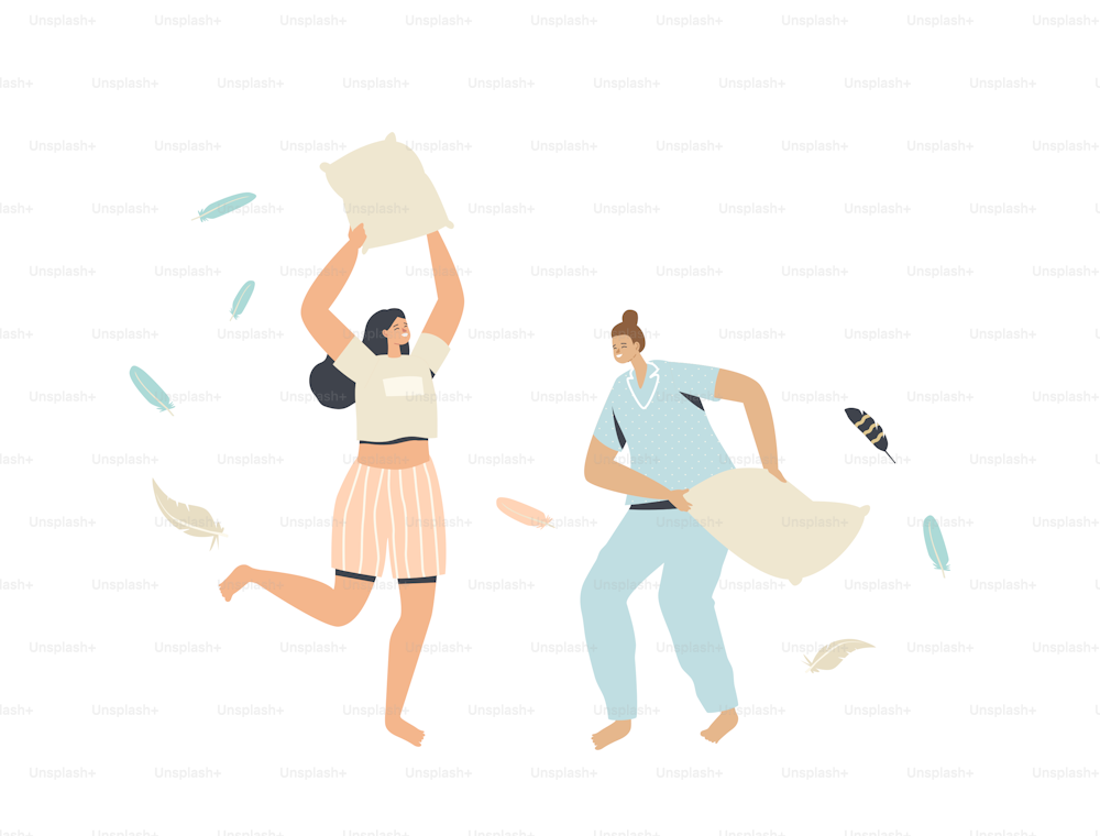 Couple of Young Women in Pajamas Having Pillow Fight at Home with Feathers Flying around. Female Characters Friendship, Leisure, Entertainment and Fun Concept. Linear People Vector Illustration