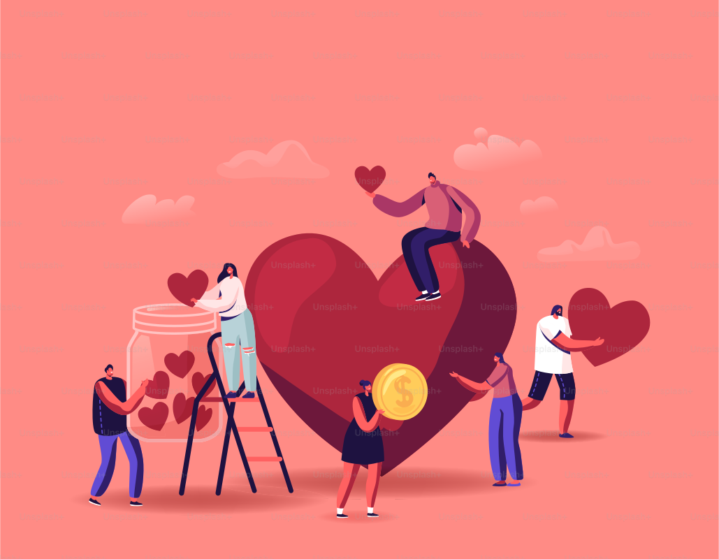 Volunteering, Charity Support Concept, Tiny Volunteer Characters Collecting Hearts in Donation Jar. Help Campaign for Social Awareness. Generous People Community Donate. Cartoon Vector Illustration