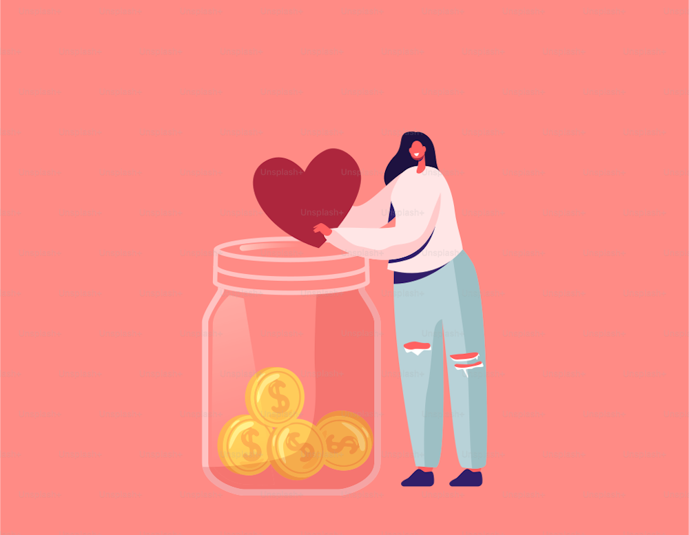 Donation, Volunteers Charity Concept. Tiny Female Character Throw Heart into Huge Glass Jar with Coins for Donate. Woman Giving Money, Love and Support to People in Need. Cartoon Vector Illustration