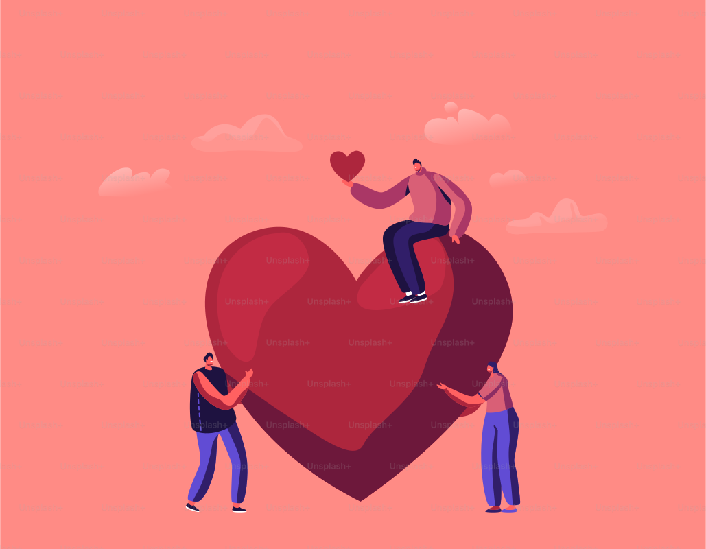 Characters Donate Concept Tiny Men and Woman Give Hearts. Charity, Social Aid, Money Donation Volunteer Support, Sponsorship Service, Volunteering Humanitarian Team. Cartoon People Vector Illustration