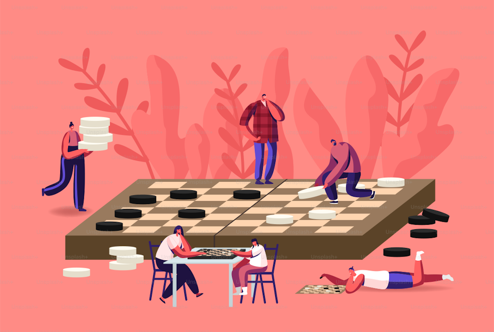 Boardgame Intelligence Recreation, Leisure or Family Hobby Concept with Tiny Characters Playing Huge Checkers. Board Game Tournament, Logic Intellectual Competition. Cartoon People Vector Illustration