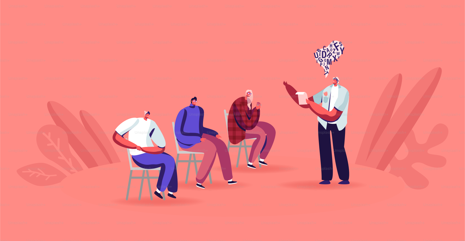 Man Read Book Aloud to People Sitting around. Teacher at Literature Lesson. Poet or Writer Recite Poems, Chapter of Novel. Characters Self-education, School Concept. Cartoon Vector Illustration