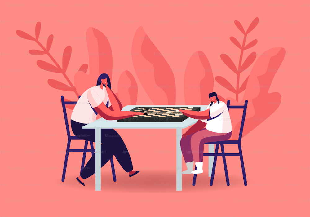 Woman and Little Girl Characters Playing Checkers. Intelligence Boardgame Leisure or Family Hobby, Mother and Daughter Logic Intellectual Board Game Tournament. Cartoon People Vector Illustration