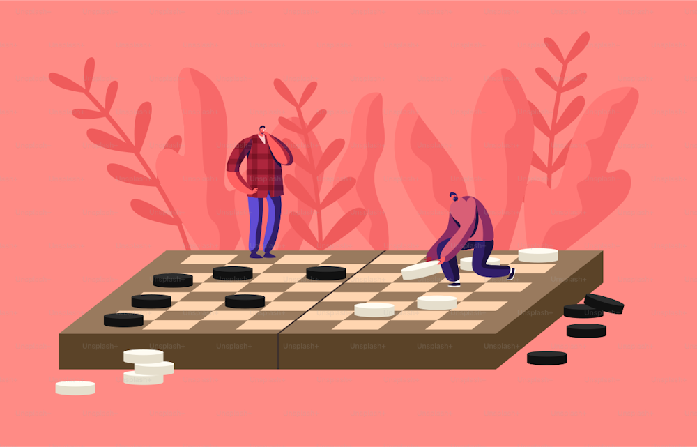 Boardgame Intelligence Recreation, Hobby Concept. Tiny Male Characters Playing Huge Checkers Moving Pieces on Wooden Field. Logic Intellectual Board Game Tournament. Cartoon People Vector Illustration