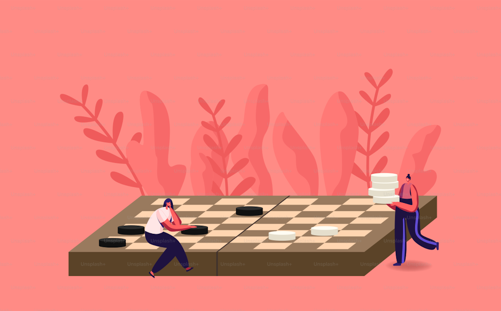 Board Game Tournament, Logic Intellectual Boardgame Competition, Intelligence Recreation, Leisure or Hobby Concept. Tiny Female Characters Playing Huge Checkers. Cartoon People Vector Illustration