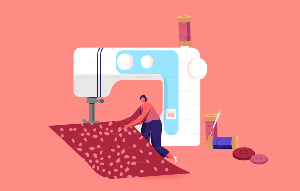 Clothing Repair Service, Textile Manufacturing. Tiny Sewer Character Garment Creation Process, Dressmaker Seamstress Work at Huge Sewing Machine in Atelier or Factory. Cartoon Vector Illustration