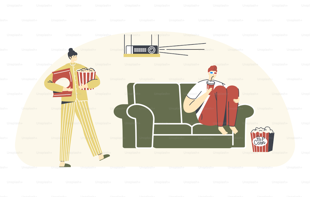 Personajes Home Cinema Recreación. Hombre joven con gafas 3D sentado en el sofá con refresco Beber viendo películas o deportes en la televisión, mujer con palomitas de maíz. Ocio nocturno de fin de semana. Ilustración vectorial de personas lineales
