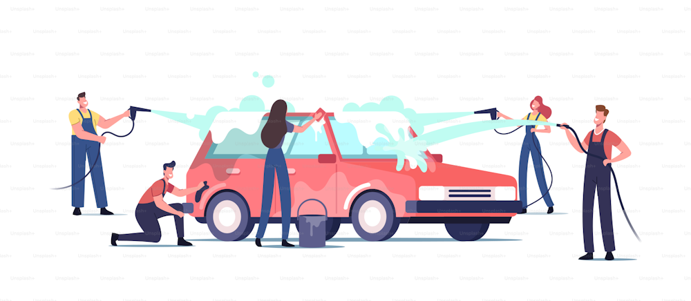 Car Wash Service Concept. Workers Characters Wearing Uniform Lathering Automobile with Sponge and Pouring with Water Jet. Cleaning Company Employees at Work Process. Cartoon People Vector Illustration