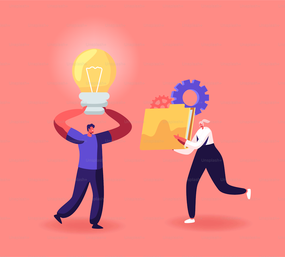 Characters Creative Idea, Portfolio, Cooperation, Partnership and Office Work Concept. Businesspeople with Light Bulb, Documents, Ð¡v, Startup Project Development. Cartoon People Vector Illustration