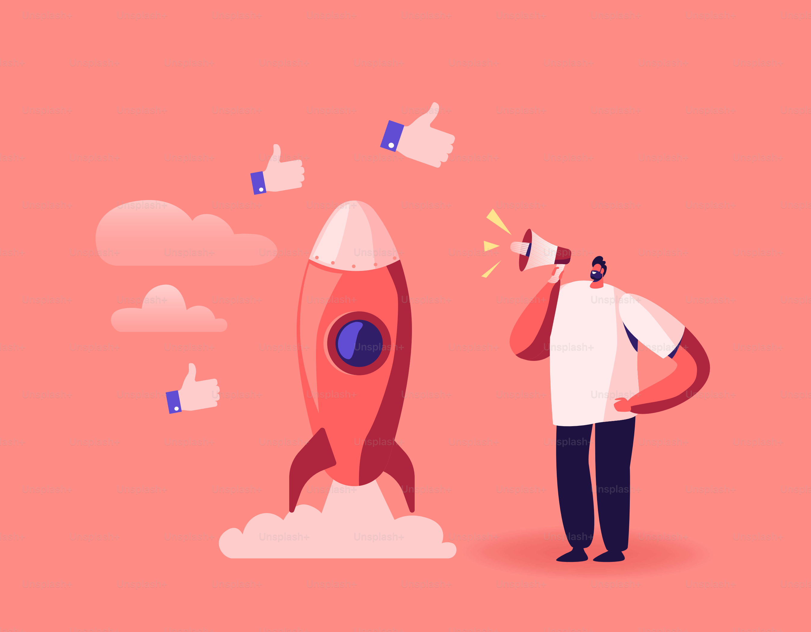 Business Male Character Yelling to Megaphone Launch Rocket Take Off. Young Man Presenting Start Up Project. Businessman Successful Portfolio, Deal or Contract Signing. Cartoon Vector Illustration