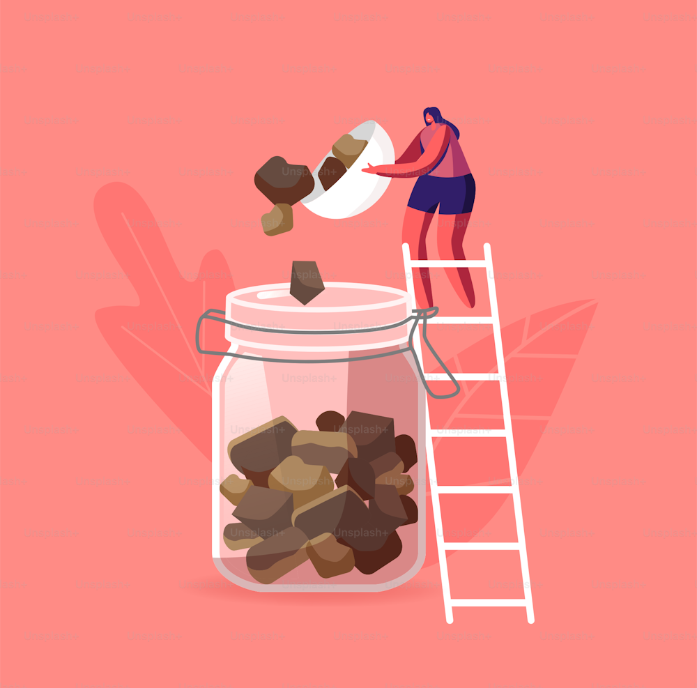 Beekeeping Industry Concept. Tiny Female Characters Stand on Ladder Pouring Pollen Propolis in Huge Glass Jar. Honey and Bee Production for Health, Organic Remedy Concept. Cartoon Vector Illustration