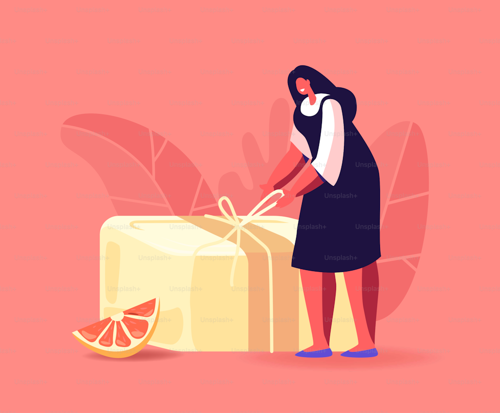 Tiny Female Character Packing Bar of Handmade Soap Prepare for Sell or Gift Presenting. Woman Wrapping Lather with Organic Rope. Natural Product for Hygiene and Body Care. Cartoon Vector Illustration