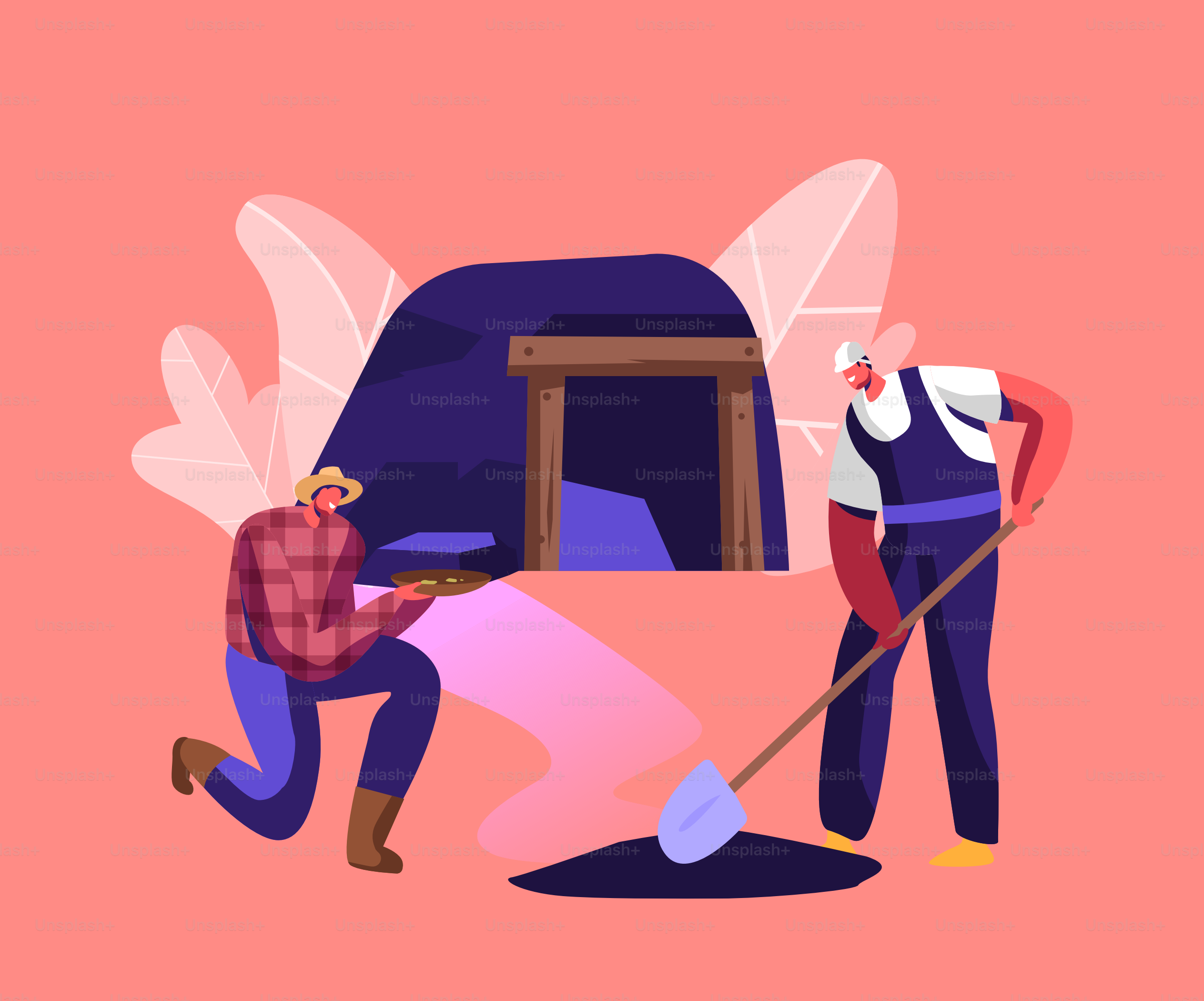 Conceito de Mineração de Ouro. Personagens de mineiros com manto e capacete trabalhando em pedreira com ferramentas cavando terra com pá extraindo lingotes dourados em frente à pedreira Entre. Ilustração vetorial de pessoas de desenho animado