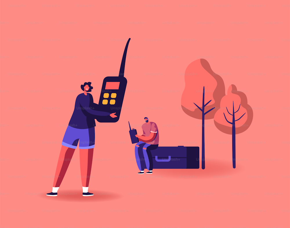 Radio Amateurs Male and Female Characters Communicate with Portable Walkie Talkie Having Fun Speaking to Each Other Outdoors. People Playing Use Radio Technologies. Cartoon Vector Illustration