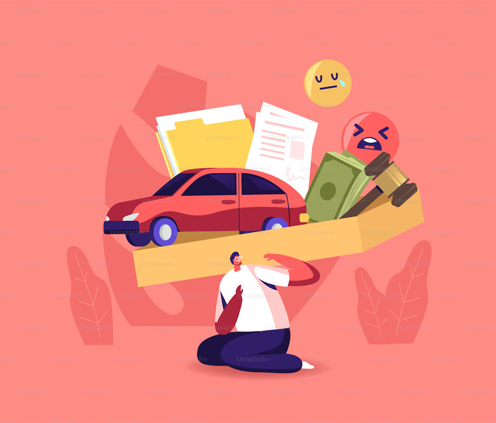 Public Pressure Concept. Tiny Male Character Pressed with Huge Box Full of Society Attributes, Man with Heavy Obligations on Shoulders. Career, Money Imposed Life Values. Cartoon Vector Illustration