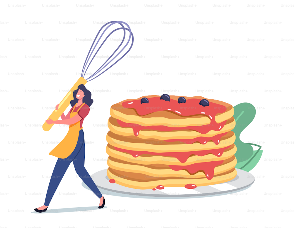 Female Character Morning Routine, Cooking Meal for Family, Tiny Woman in Apron with Whisk near Huge Pancakes Stack, Baked Food for Breakfast. Domestic Culinary, Bakery. Cartoon Vector Illustration