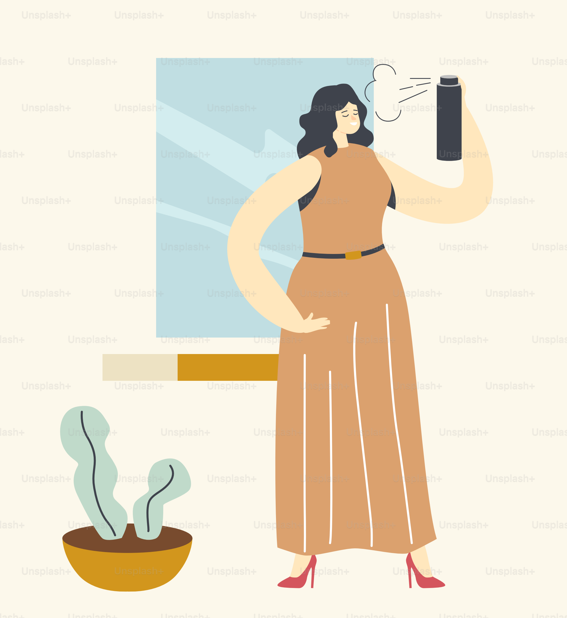 Pretty Female Character Styling Hair at Home. Young Woman in Fashioned Dress Use Hair Spray Making Hairstyle for Beauty and Good Looking Appearance or Holiday Celebration. Linear Vector Illustration
