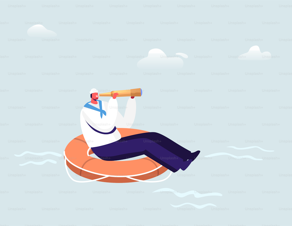 Sailor Floating on Huge Life Buoy Looking Far in Spyglass in Ocean. Male Character in White Uniform and Cap. Ship Crew at Work. Maritime Profession, Job Occupation Concept. Cartoon Vector Illustration