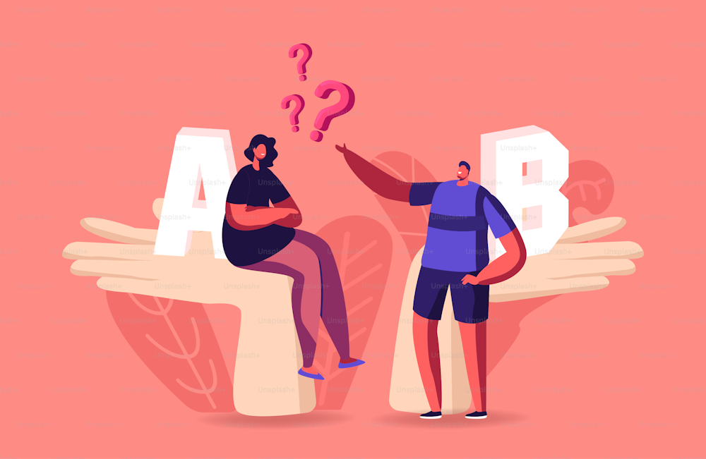 Tiny Male and Female Characters Sit on Huge Palms Make Decision Choose Between A or B Variants. Pros or Cons, Man and Woman Count Advantages, Disadvantages of Deal. Cartoon People Vector Illustration