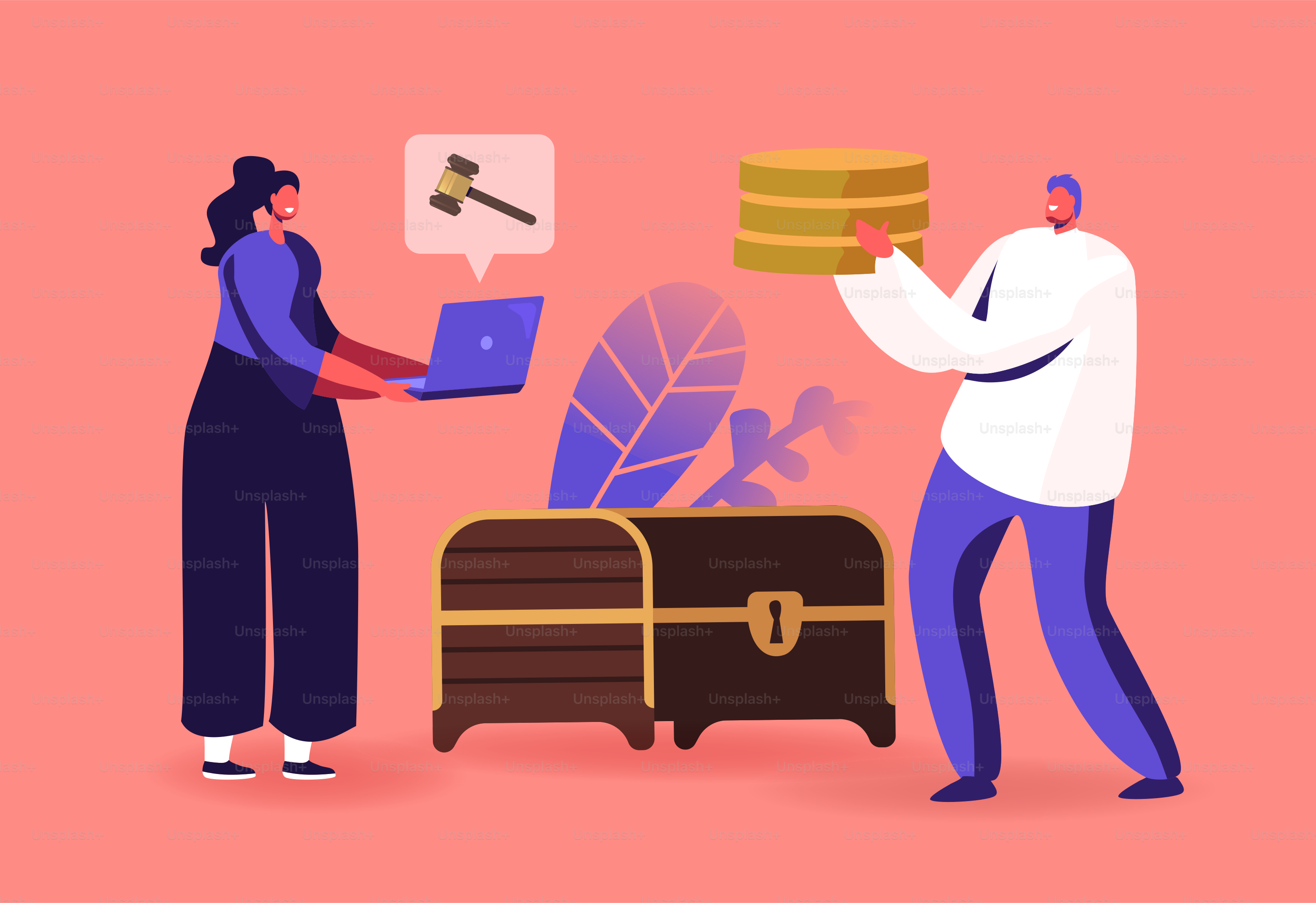 Numismatics Occupation Concept. Numismatist Sell Ancient Coins on Auction. Tiny Male Character with Huge Golden Coins and Woman with Laptop near Wooden Chest. Cartoon People Vector Illustration