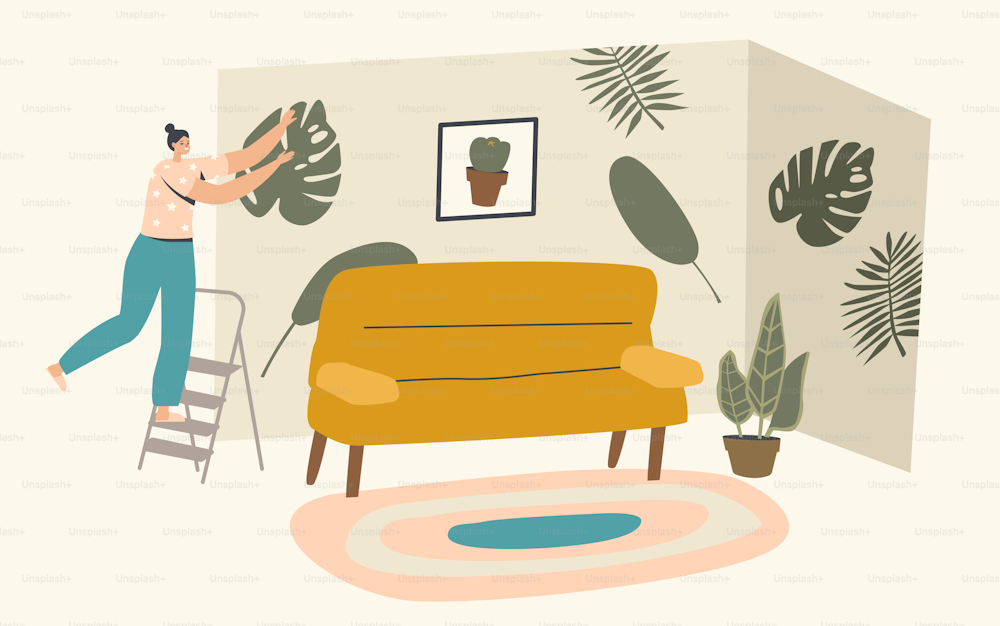 Personaje femenino de pie en la escalera en la sala de estar pegatinas decorativas de palo en forma de hojas de planta monstera en la pared para hacer comodidad en el apartamento. Renovación del diseño del hogar. Ilustración vectorial lineal