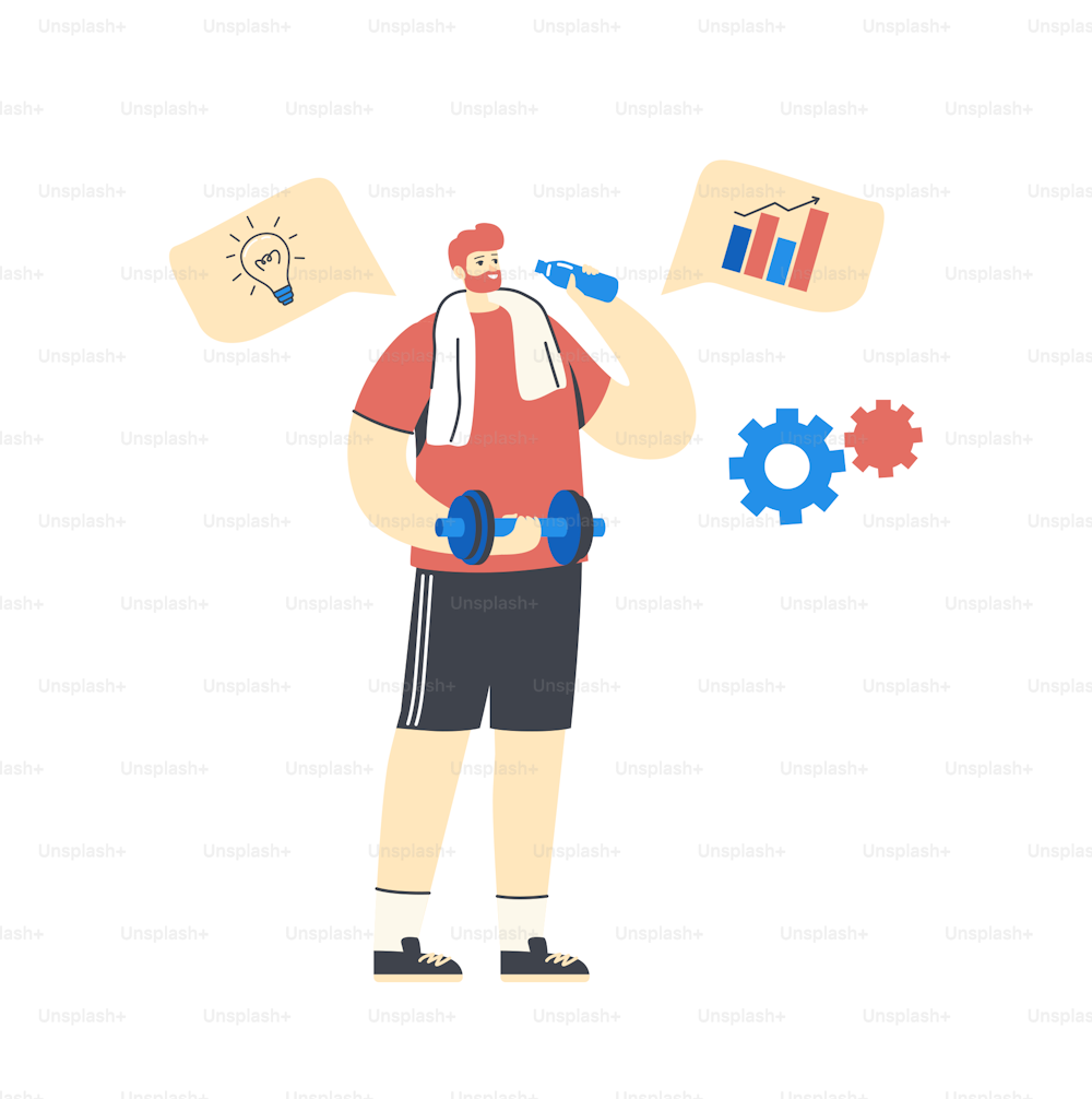 Multitasking Concept. Businessman Character Exercising with Dumbbell in Gym with Office Icons Isolated on White Background. Effective Time Management, Schedule Planning. Linear Vector Illustration