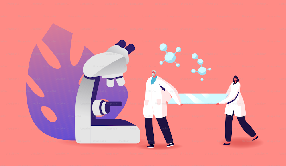 Scientific Work, Medical Analysis, Pharmaceutic Medicine Laboratory Research Concept. Tiny Scientist Characters Carry Huge Glass in Chemistry Lab with Microscope. Cartoon People Vector Illustration