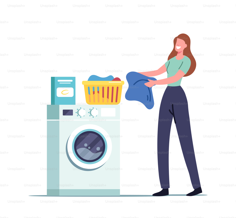 公共の洗濯物やバスルームの女性キャラクターが清潔な服をバスケットに置き、汚れた衣類をコインランドリーマシンに積み込む。工業用コインランドリー洗浄、クリーニングサービス。漫画のベクターイラスト
