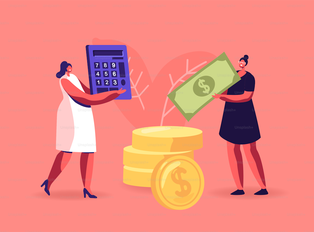 Pay Check, Salary Income, Financial Success Concept. Women Collecting, Saving Money. Female Characters Carry Dollar Banknote and Coins Counting Budget on Calculator. Cartoon People Vector Illustration