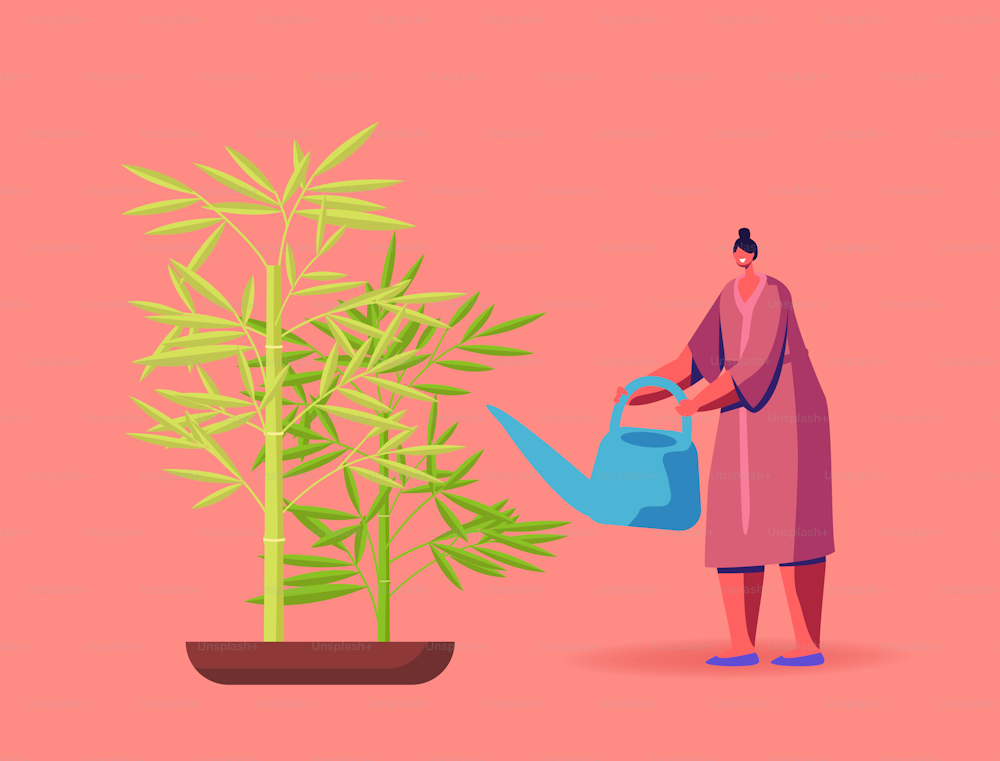 Feng Shui Cultura China, Horticultura, Olericultura Hobby Concepto. Feliz personaje femenino Jardinería en casa o invernadero Regando bambú de lata. Mujer cuidando la planta. Ilustración vectorial de dibujos animados