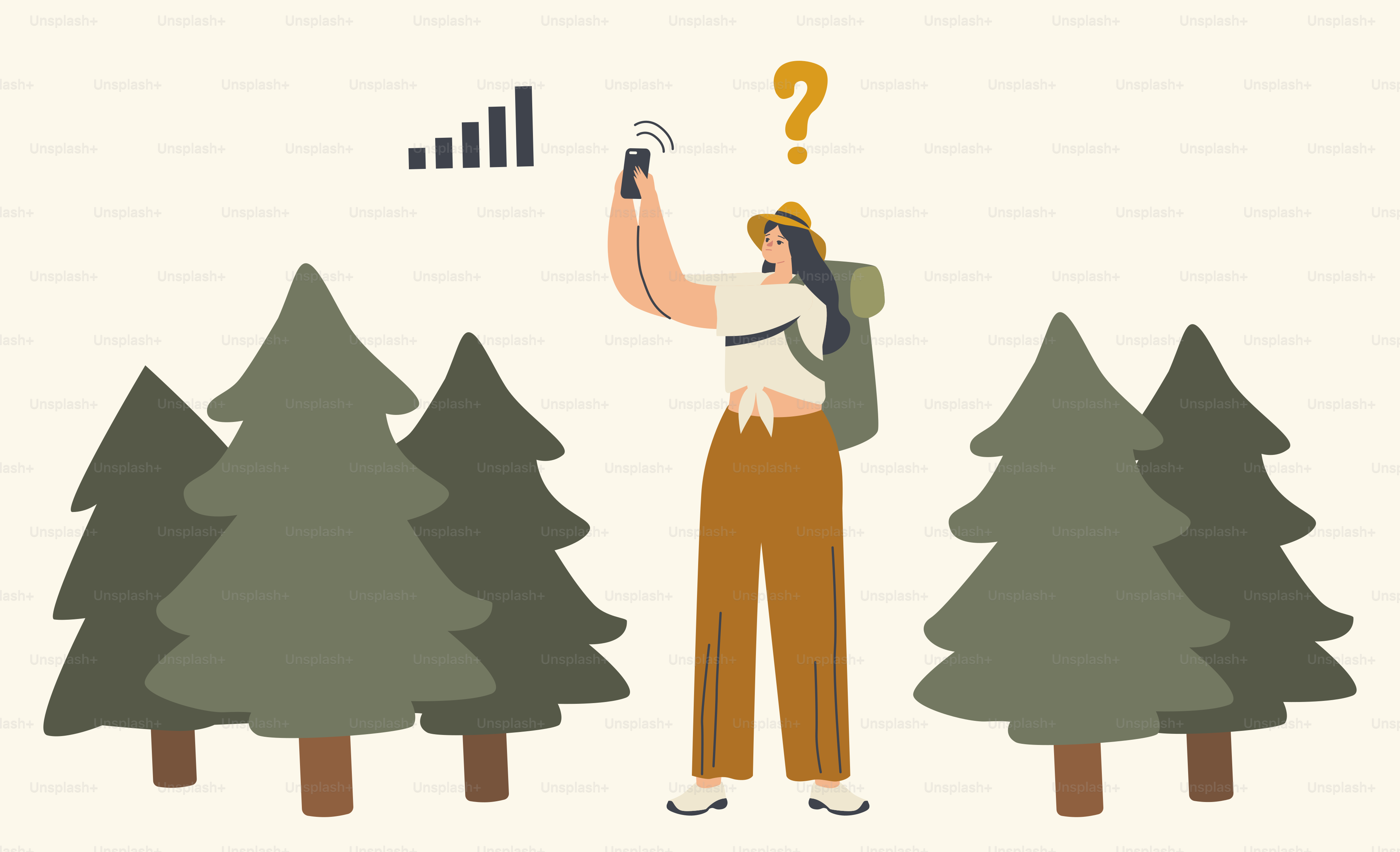 Un personnage féminin se perd dans la forêt. Femme cherchant une direction à l’aide de l’application de navigation par satellite pour smartphone. Aventure en plein air, loisirs de randonnée, voyage en vacances d’été. Illustration vectorielle linéaire
