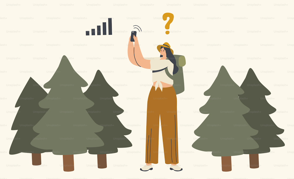 Female Character Get Lost in Forest. Woman Searching Direction Using Smartphone Satellite Navigation App. Outdoor Adventure, Hiking Recreation, Traveling on Summer Vacation. Linear Vector Illustration