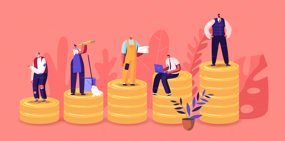Tiny Male and Female Characters of Different Class Stand on Huge Golden Piles. Society Structure, Unemployed Person, Housewife, Engineer, Manager, Businessman Work. Cartoon People Vector Illustration
