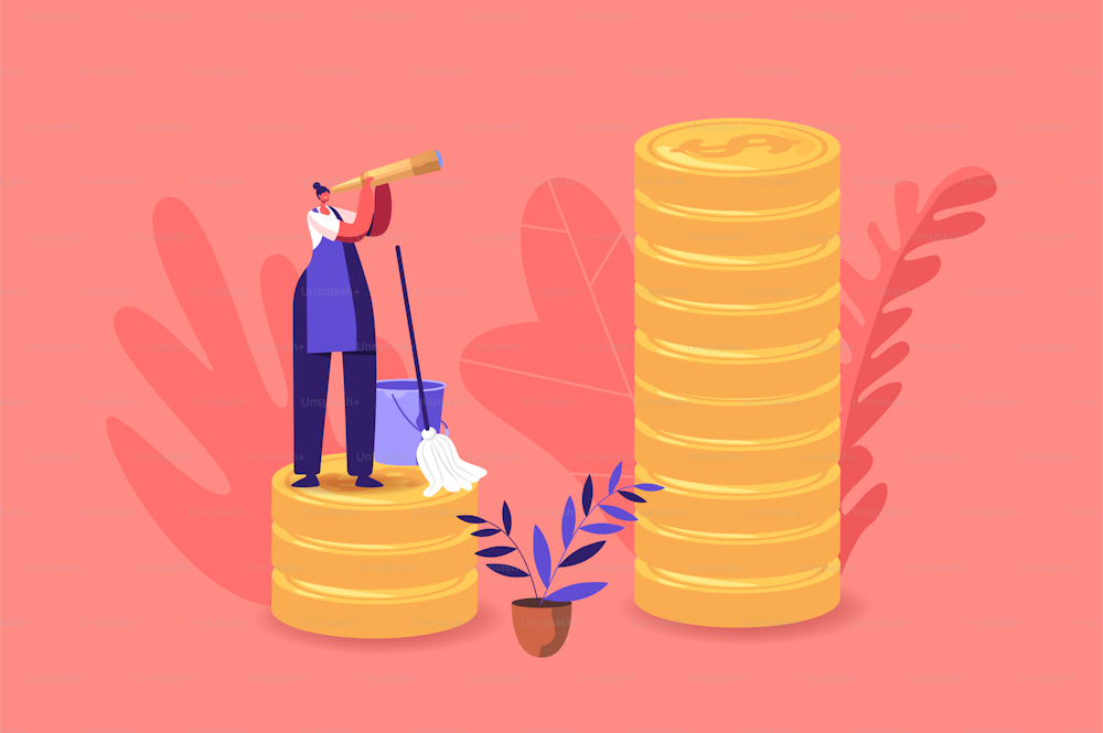 Income Class. Tiny Housewife or Cleaning Service Employee Character in Uniform with Mop and Bucket Look in Spyglass on Huge Pile of Golden Coins Dreaming of Good Salary. Cartoon Vector Illustration