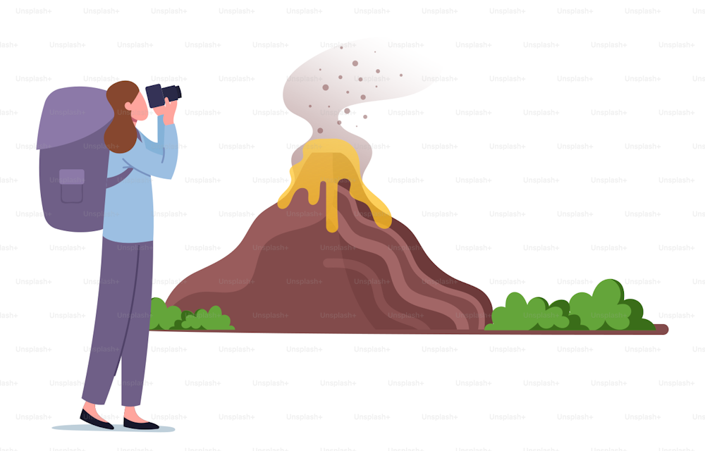 Scientist Volcanologist or Tourist Female Character with Binoculars in Hands and Backpack Look on Volcano Eruption, Learning Geological Information, Study Nature Disaster. Cartoon Vector Illustration