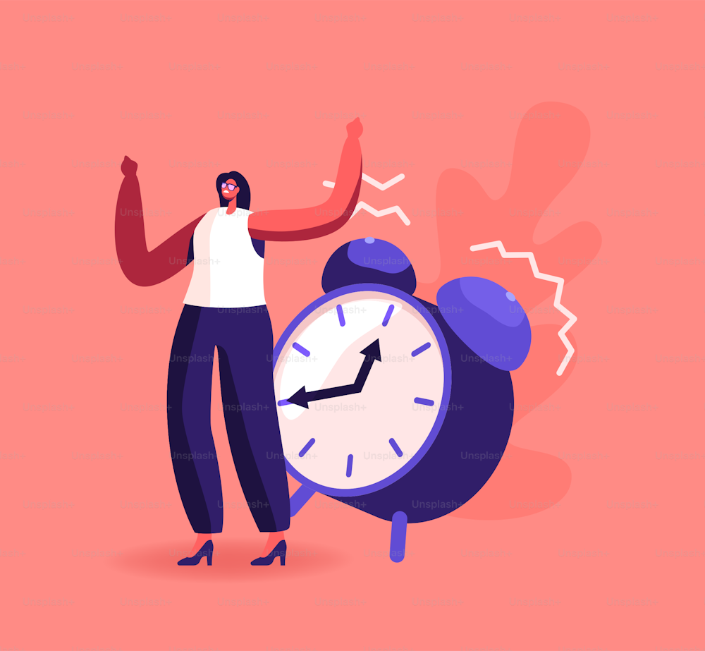 Female Character Ignoring Problems. Tiny Businesswoman Ignore Huge Alarm Clock Ring. Time Management, Procrastination, Low Productivity in Business Working Process Concept. Cartoon Vector Illustration