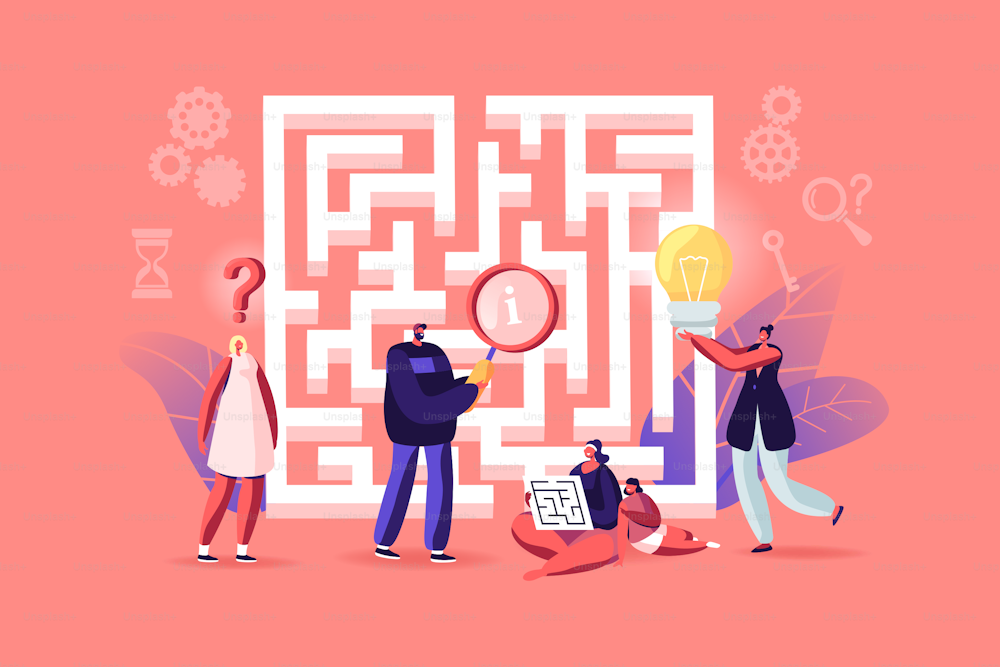 Tiny Characters Finding Idea, Solution in Labyrinth. Challenge and Problem Solving Concept. Confused People at Maze Entrance Thinking how to Pass Difficult Way for Success. Cartoon Vector Illustration