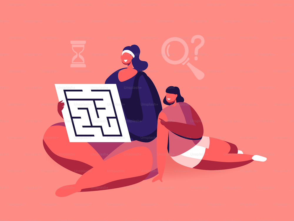 Mother and Little Daughter Characters Solving Labyrinth Puzzle Sitting at Home. Family Spare Time, Leisure, Domestic Pastime Activity, Mind Development Concept. Cartoon People Vector Illustration
