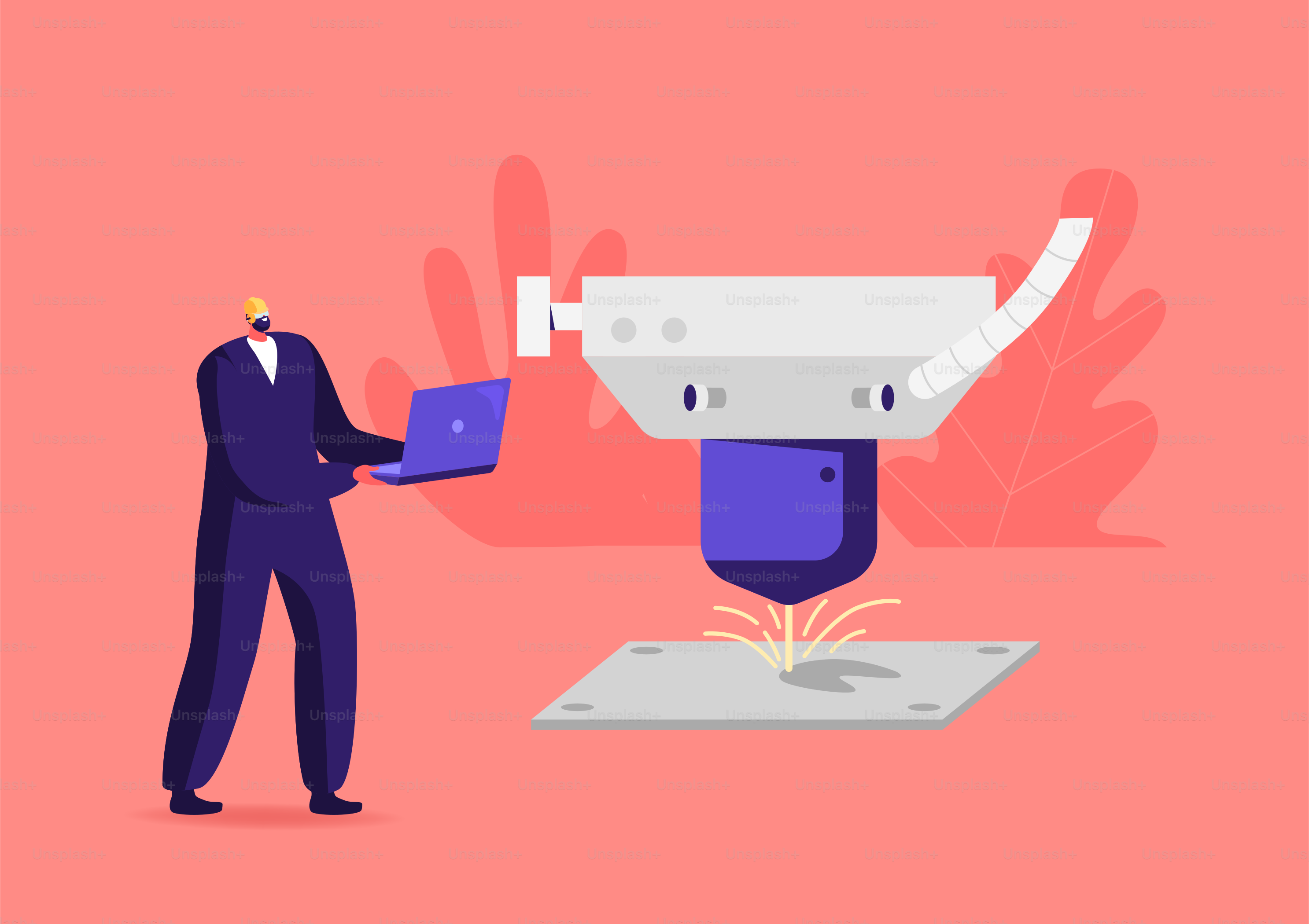 Ingénieur Homme Personnage en uniforme de travailleur et casque, gérant la fabrication du traitement par découpe laser. Un petit ouvrier d’usine avec un ordinateur portable utilise des technologies modernes dans l’usine. Illustration vectorielle de bande dessinée