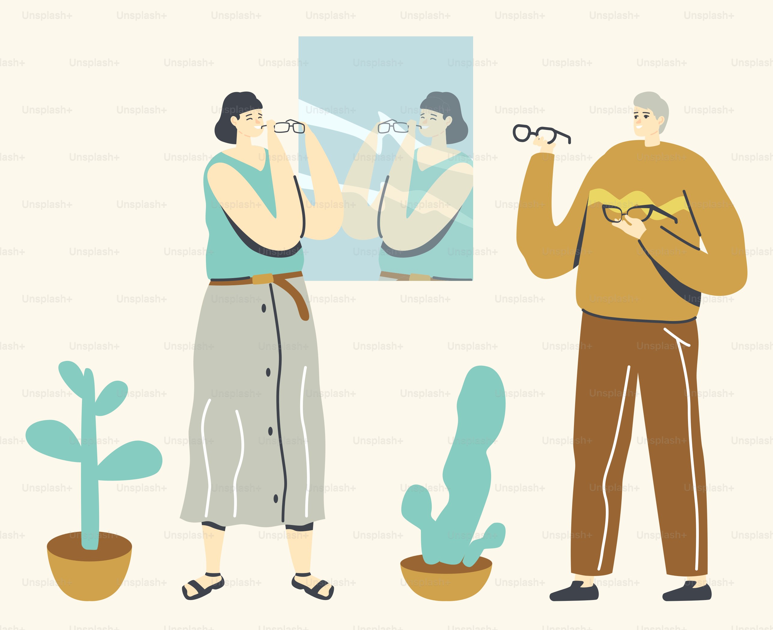 Personaggio femminile Scegli occhiali da vista davanti allo specchio sul muro. Concetto di trattamento e diagnostica delle malattie visive. Paziente presso Medico Oculista Oculista Appuntamento Oculista. Illustrazione vettoriale di persone lineari