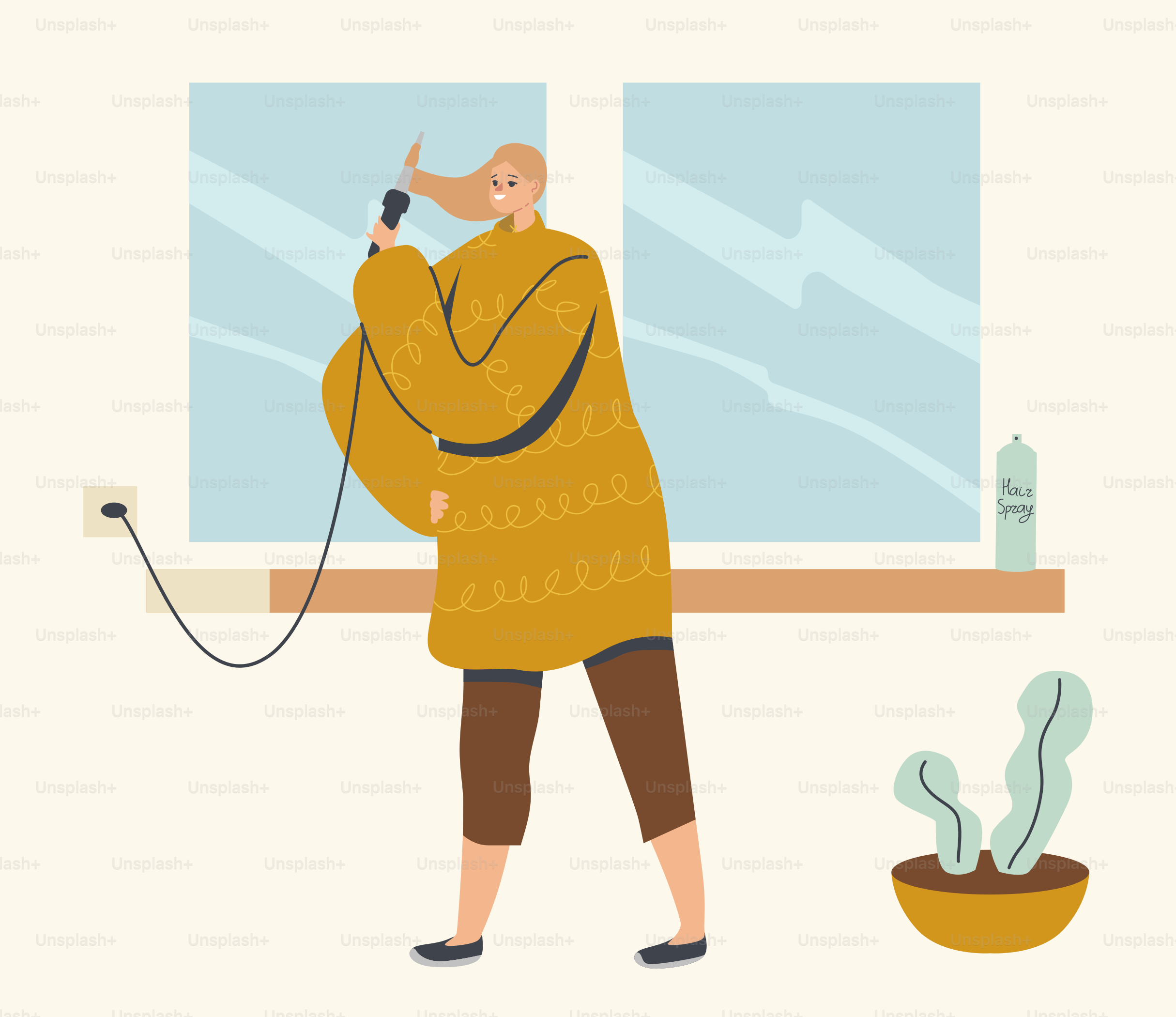 Female Character Styling Hair at Home. Young Woman in Domestic Clothes Using Curling Iron for Making Hairstyle for Beauty and Good Looking Appearance, Girls Fashion, Beauty. Linear Vector Illustration