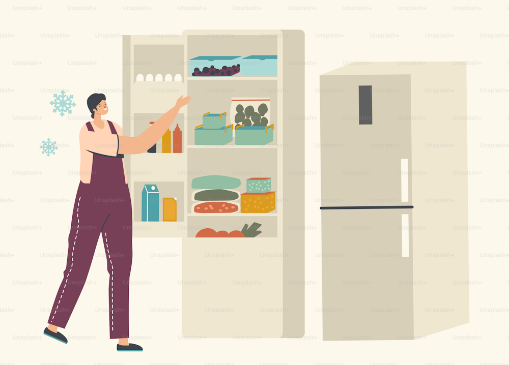 Giovane donna Stand vicino al frigorifero aperto con pacchetti di verdure surgelate e contenitori con bacche ghiacciate. Il personaggio femminile mangia cibo sano, vitamine e prodotti ecologici. Illustrazione vettoriale lineare