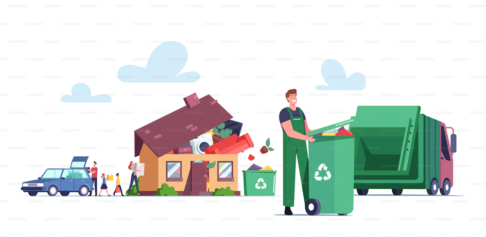 Overconsumption Concept. Family Male and Female Customers Characters Loading Goods from Car to Home Full of Useless Things. Janitor Collect Garbage for Recycling. Cartoon People Vector Illustration