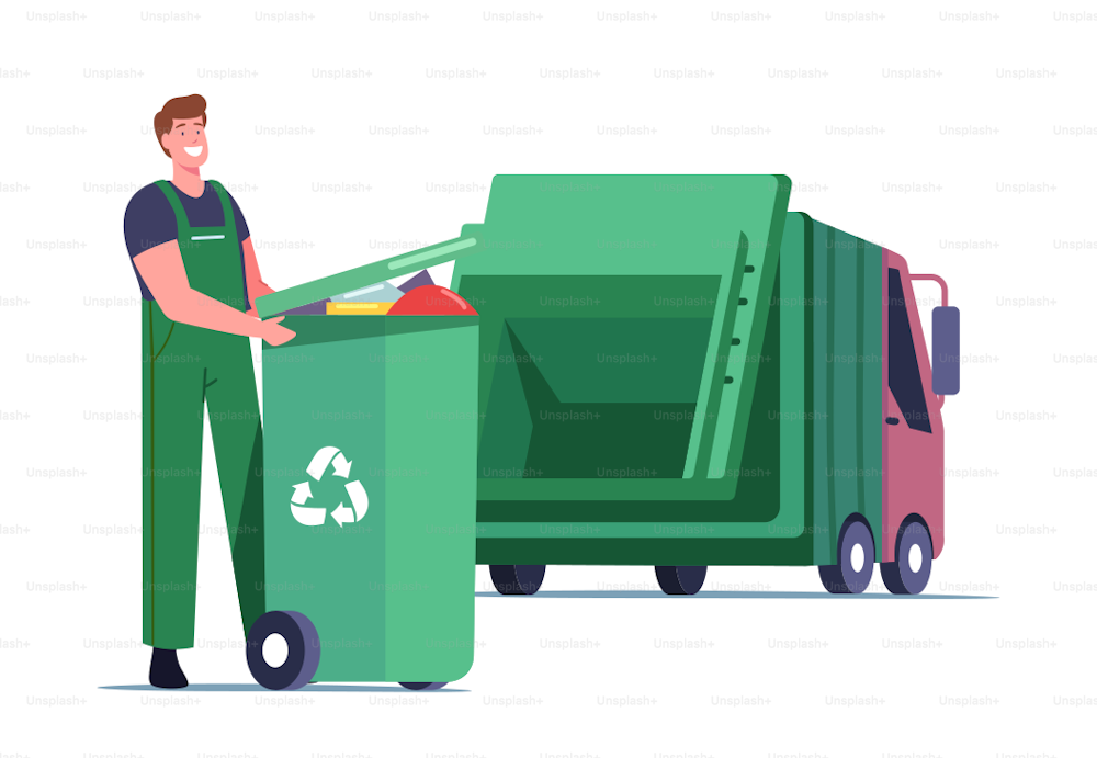 Janitor Male Character Loading Recycling Container with Litter for Separation. Garbage Man Loading Wastes to Truck for Reduce Environment Pollution. City Recycle Service. Cartoon Vector Illustration