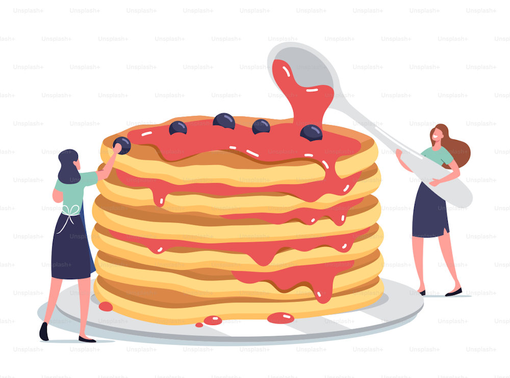 Tiny Female Characters Pouring Huge Stack of Fresh Hot Pancakes with Sweet Syrup and Decorate with Fresh Berries. Breakfast, Morning Food, Culinary Hobby Concept. Cartoon People Vector Illustration