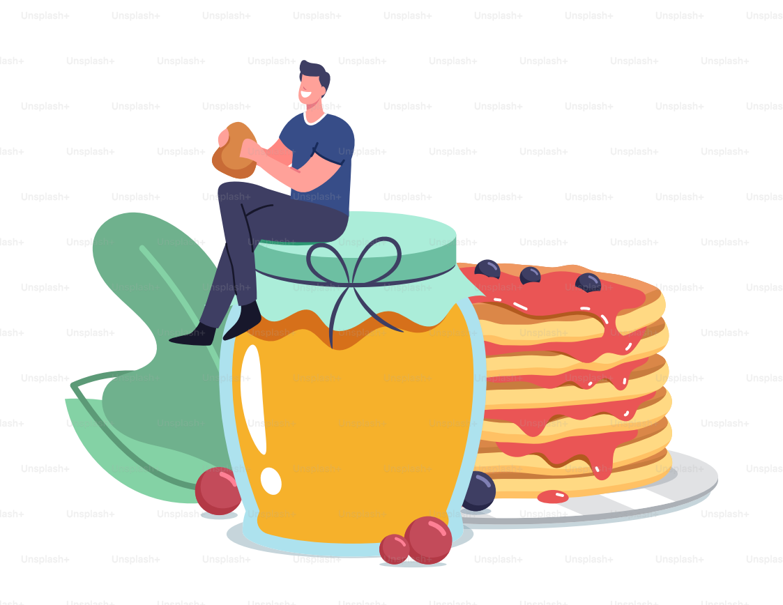 Winziger männlicher Charakter, der auf einem riesigen Glas mit Honig sitzt und frische, leckere Pfannkuchen isst. Mann frühstückt, leckeres hausgemachtes Dessert mit süßem Sirup und Beeren. Cartoon-Vektor-Illustration